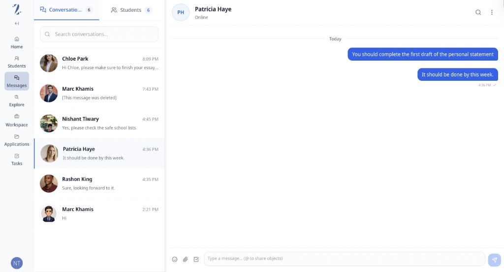 Zyra Messages view with conversation list and active chat with a student