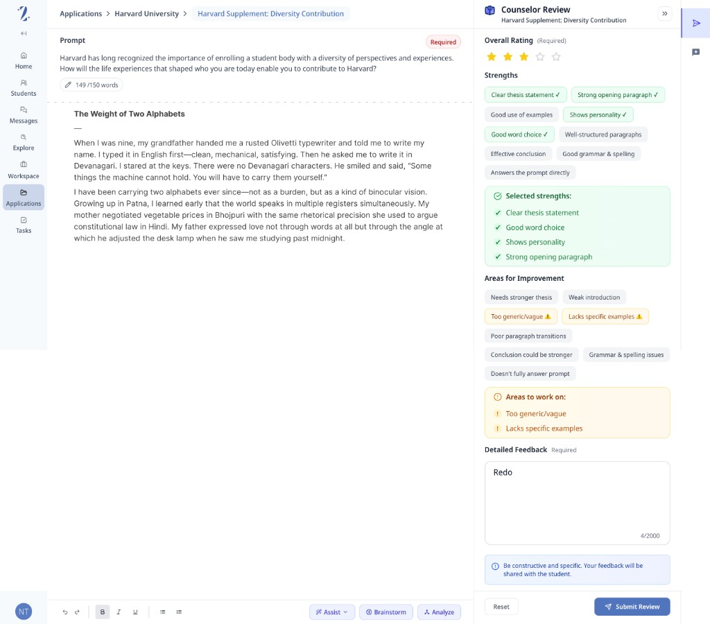 Zyra counselor review panel for a college application essay with rating, strengths, and areas to improve