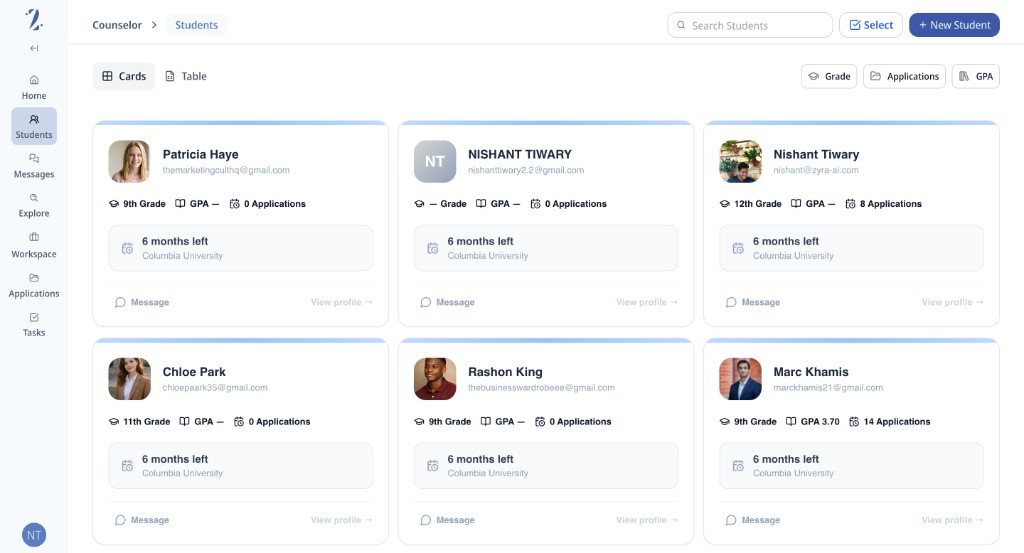 Zyra counselor portal Students view with roster cards, search, filters, and student profiles